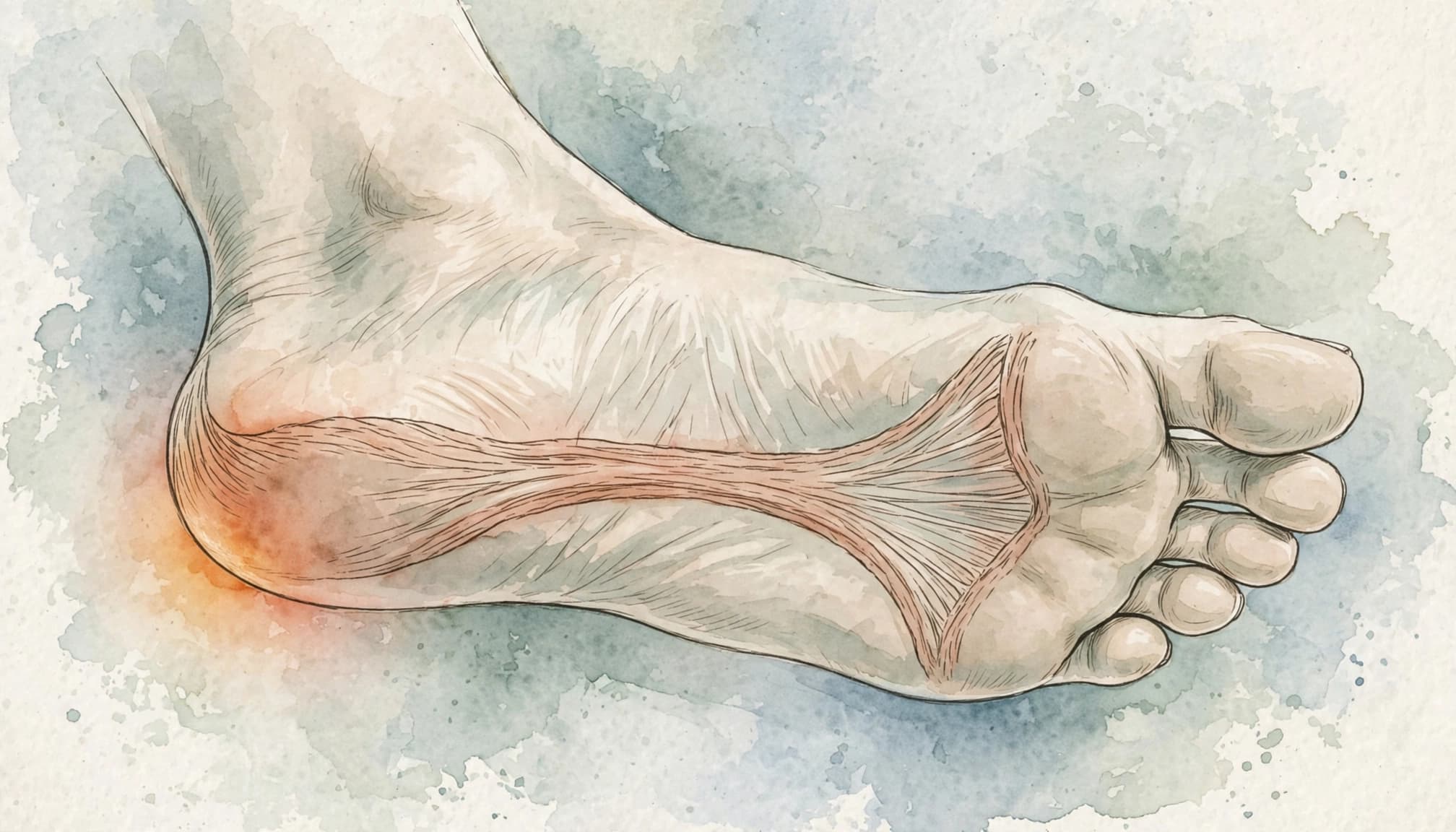 Seitliche und untere Ansicht eines Fußes mit sichtbarer Plantarfaszie und warmer Markierung an der Ferse.