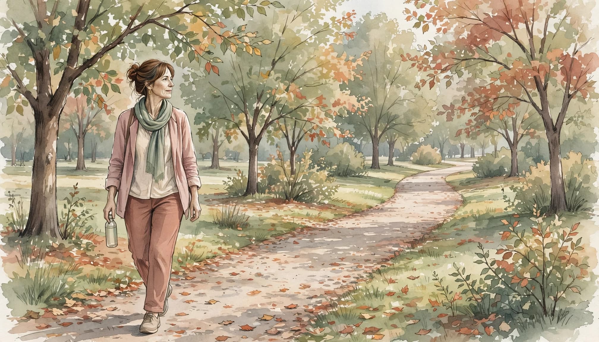 Eine Frau geht mit Wasserflasche auf einem ruhigen Parkweg.