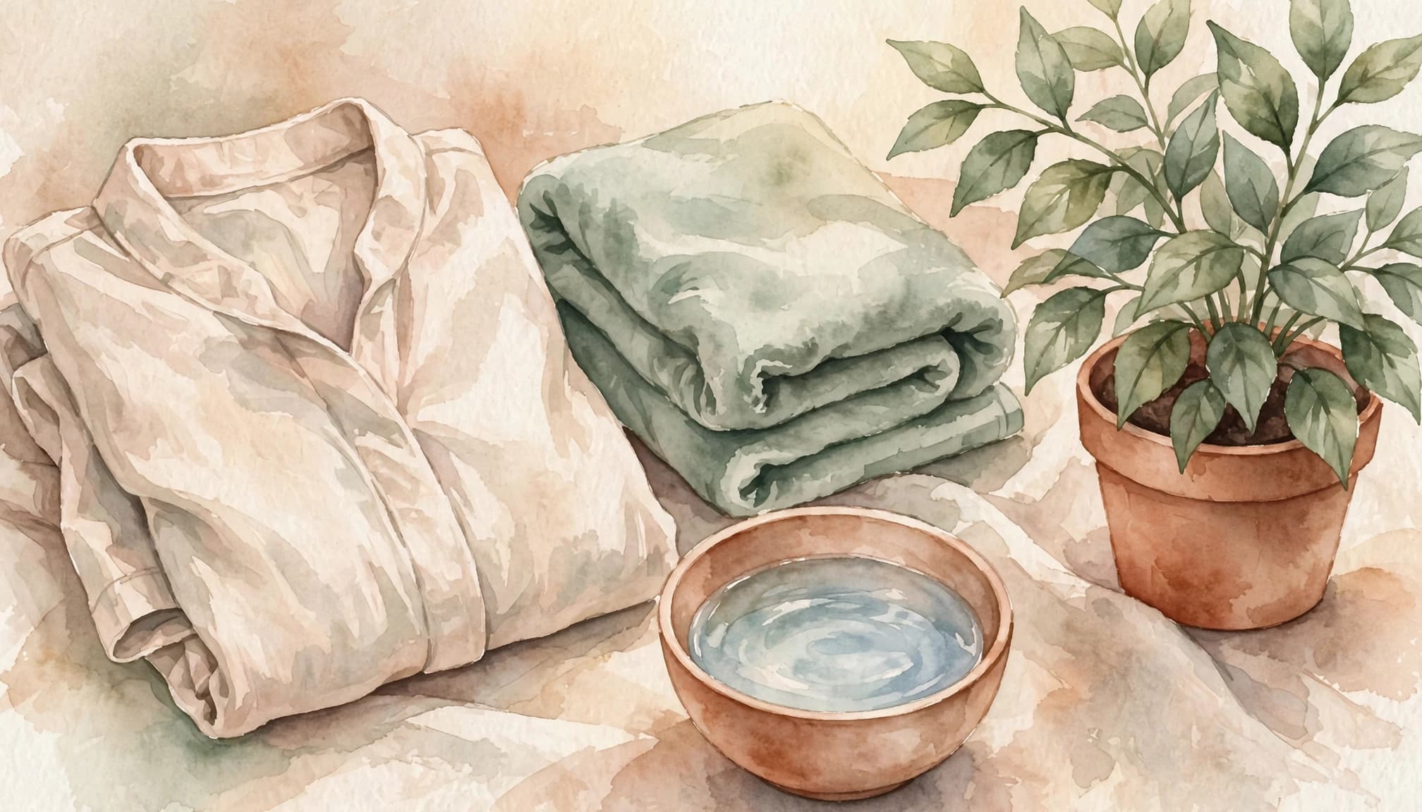 Gefaltetes Kleidungsstück, weiches Handtuch, Wasserschale und Blattpflanze auf einer hellen Ablage.