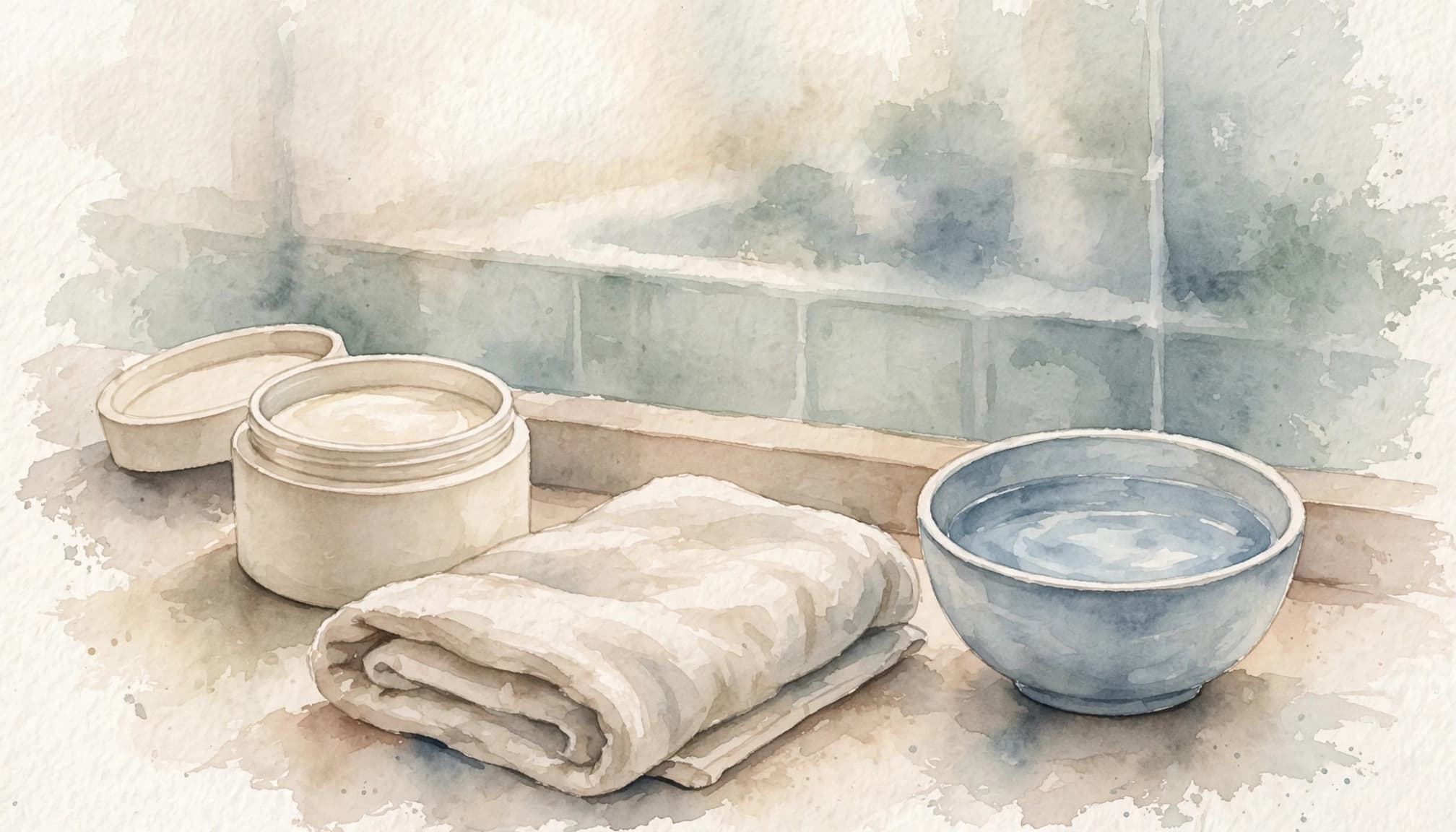 Cremeglas, gefaltetes Handtuch und Wasserschale auf einem warmen Badezimmersims.