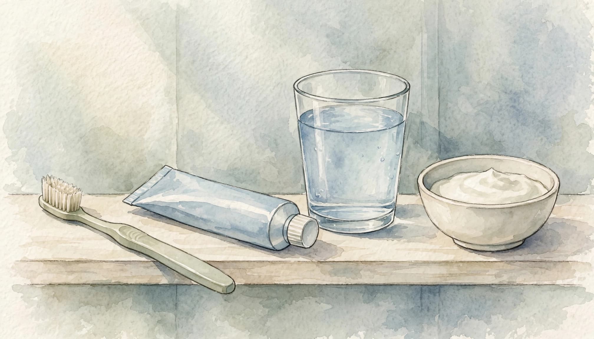 Zahnbürste, Zahnpasta, Wasser und Naturjoghurt stehen auf einem Badezimmerschrank.