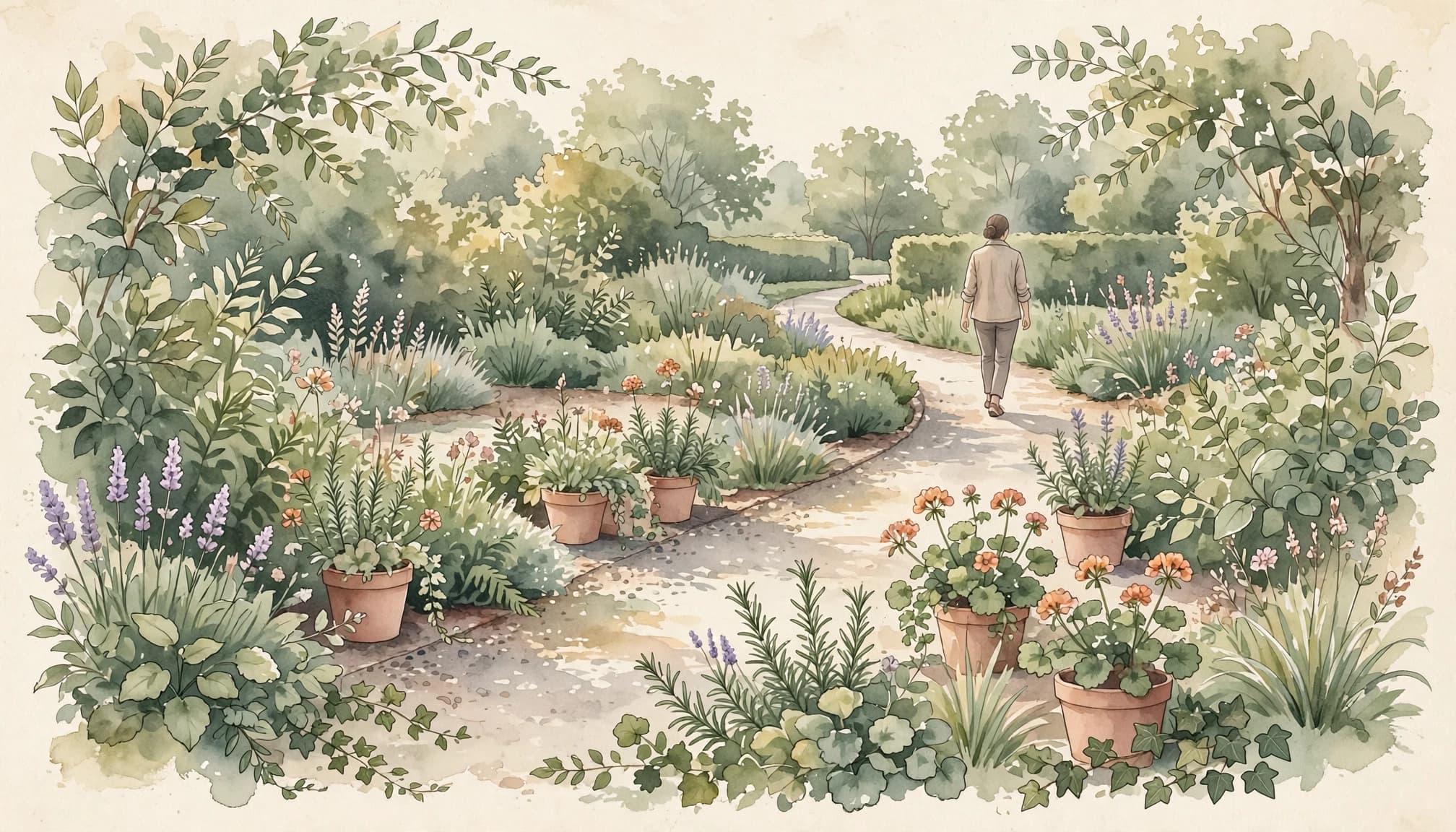 Eine Person geht auf einem von Pflanzen gesäumten Weg durch einen Garten.