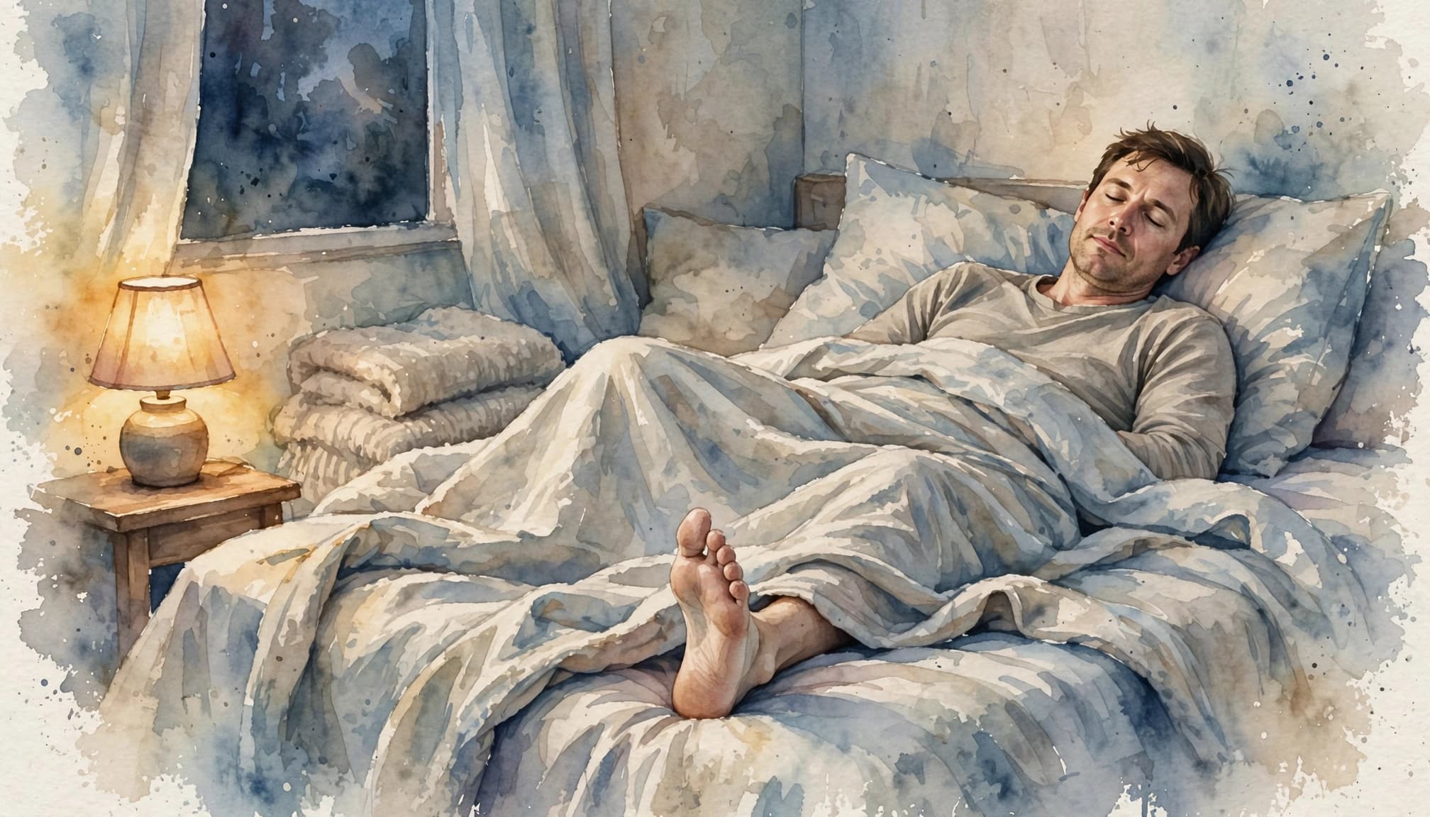 Eine Person liegt abends mit leicht angespannten Beinen unter einer hellen Decke.