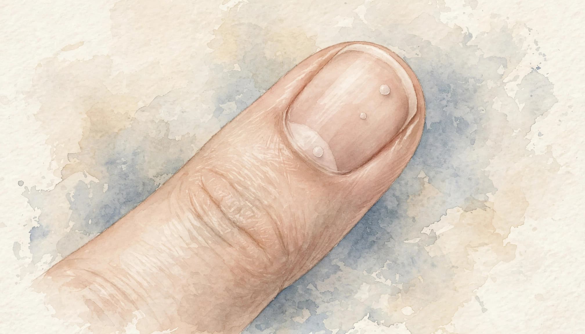 Gepflegter Fingernagel mit zwei kleinen weißen Flecken vor hellem Hintergrund.