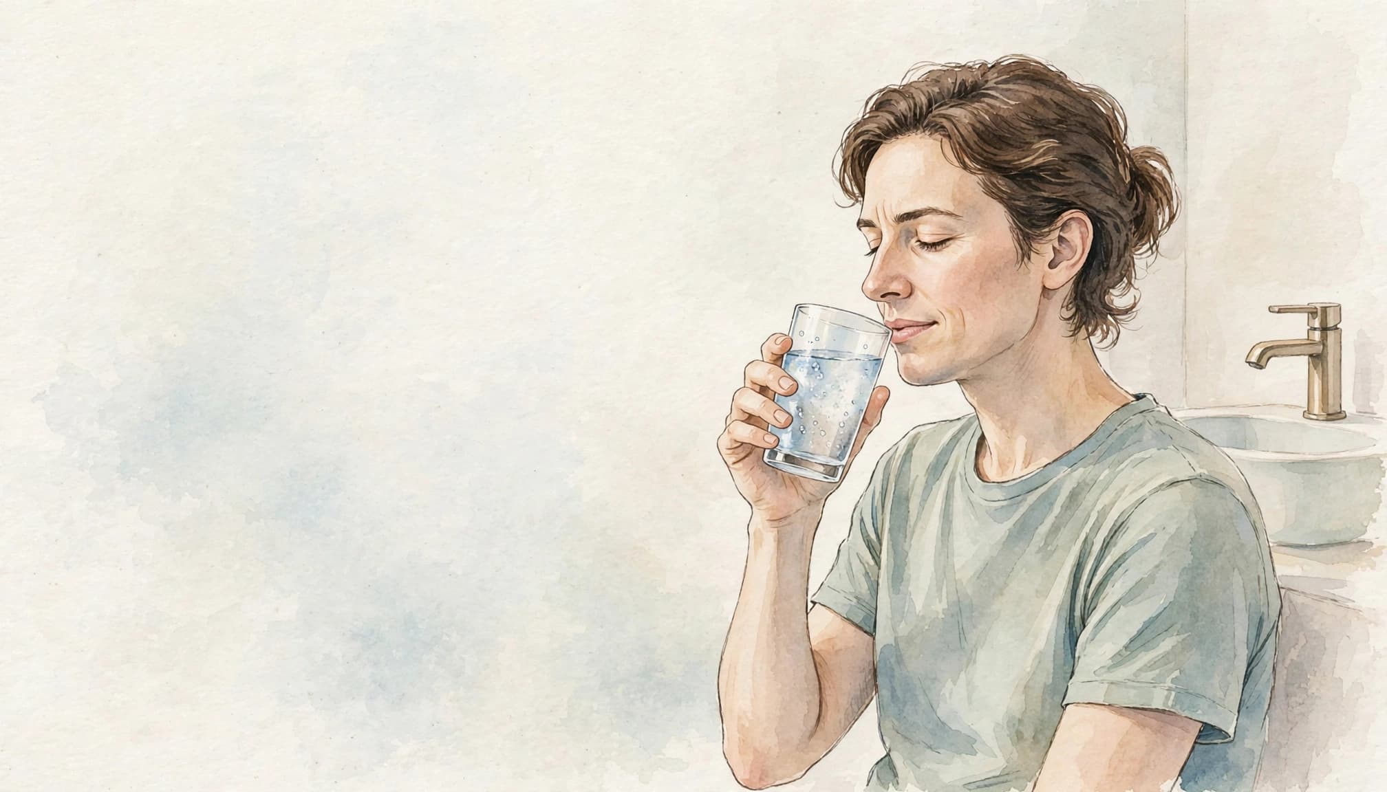 Eine Person hält ein Glas kaltes Wasser nahe an den Mund.