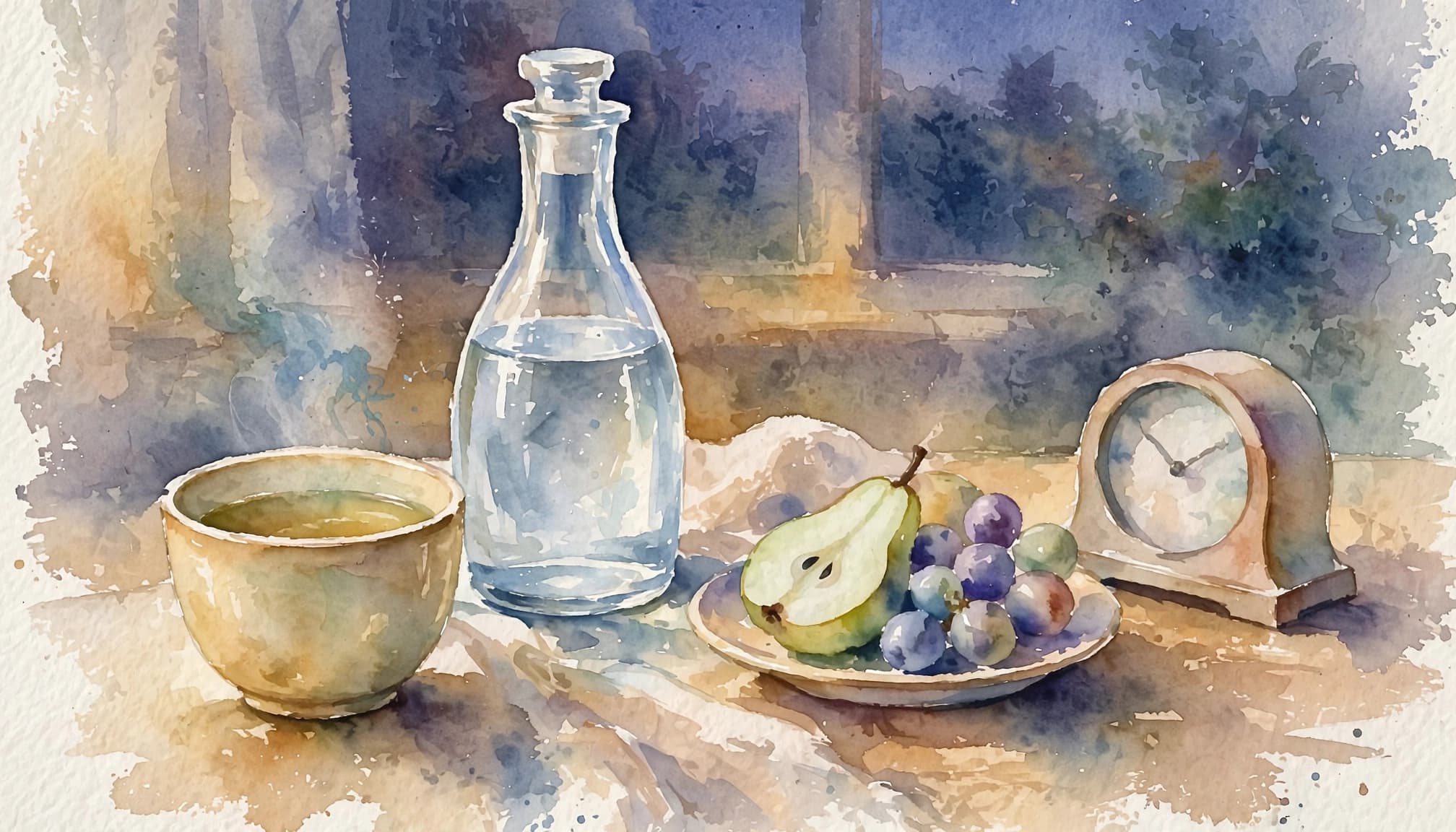 Kräutertee, Wasserkaraffe, Uhr und Obst stehen auf einem Küchentisch.