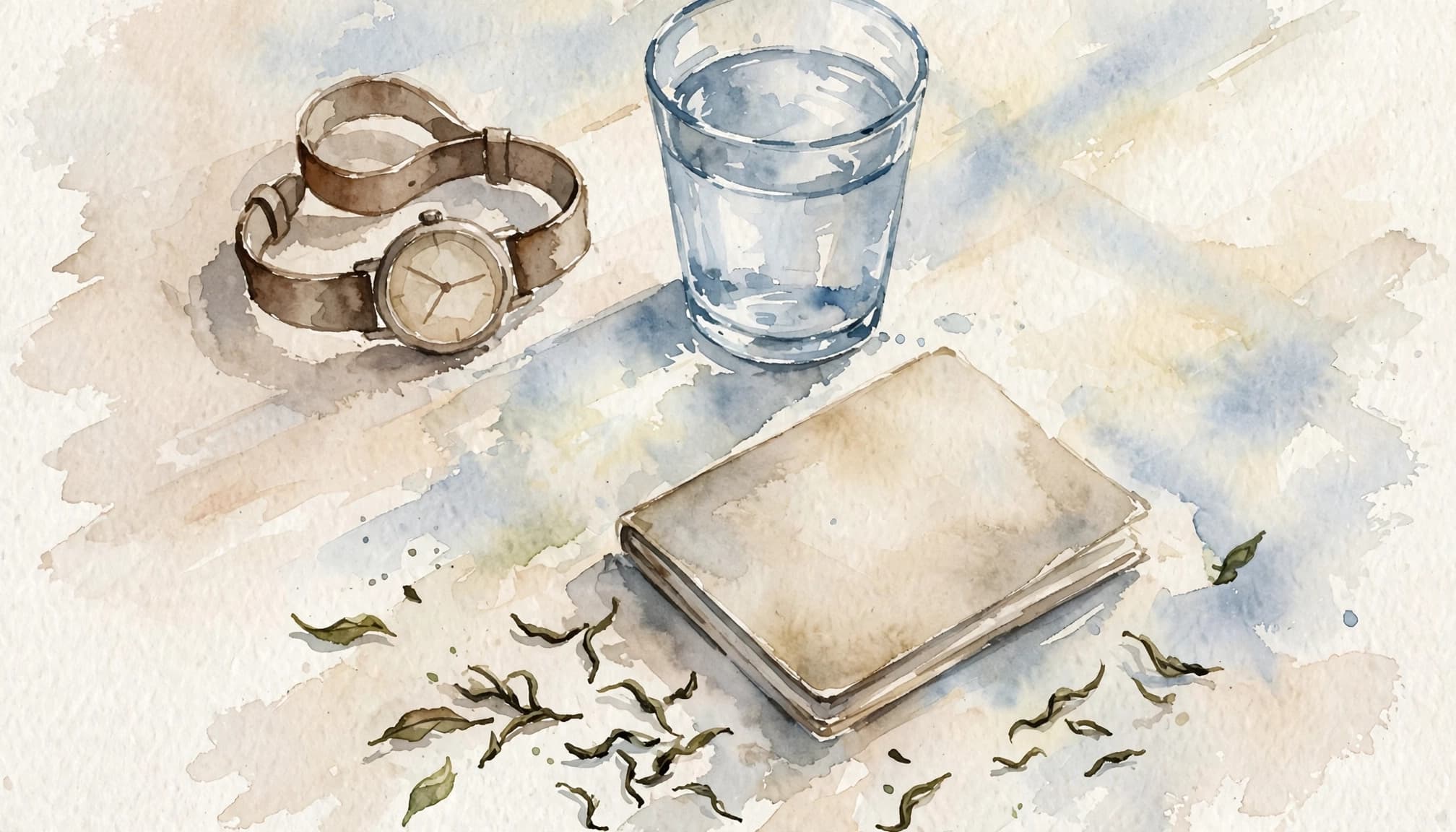 Uhr, Wasserglas, Notizbuch und Teeblätter liegen im Aquarell auf einem hellen Tisch.