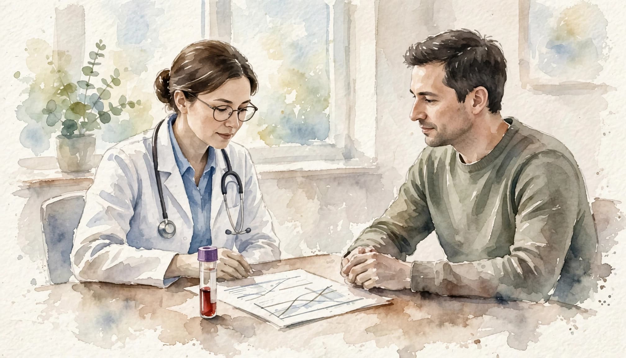 Ein Arzt und ein Patient sitzen an einem Tisch und betrachten einen Laborbericht.