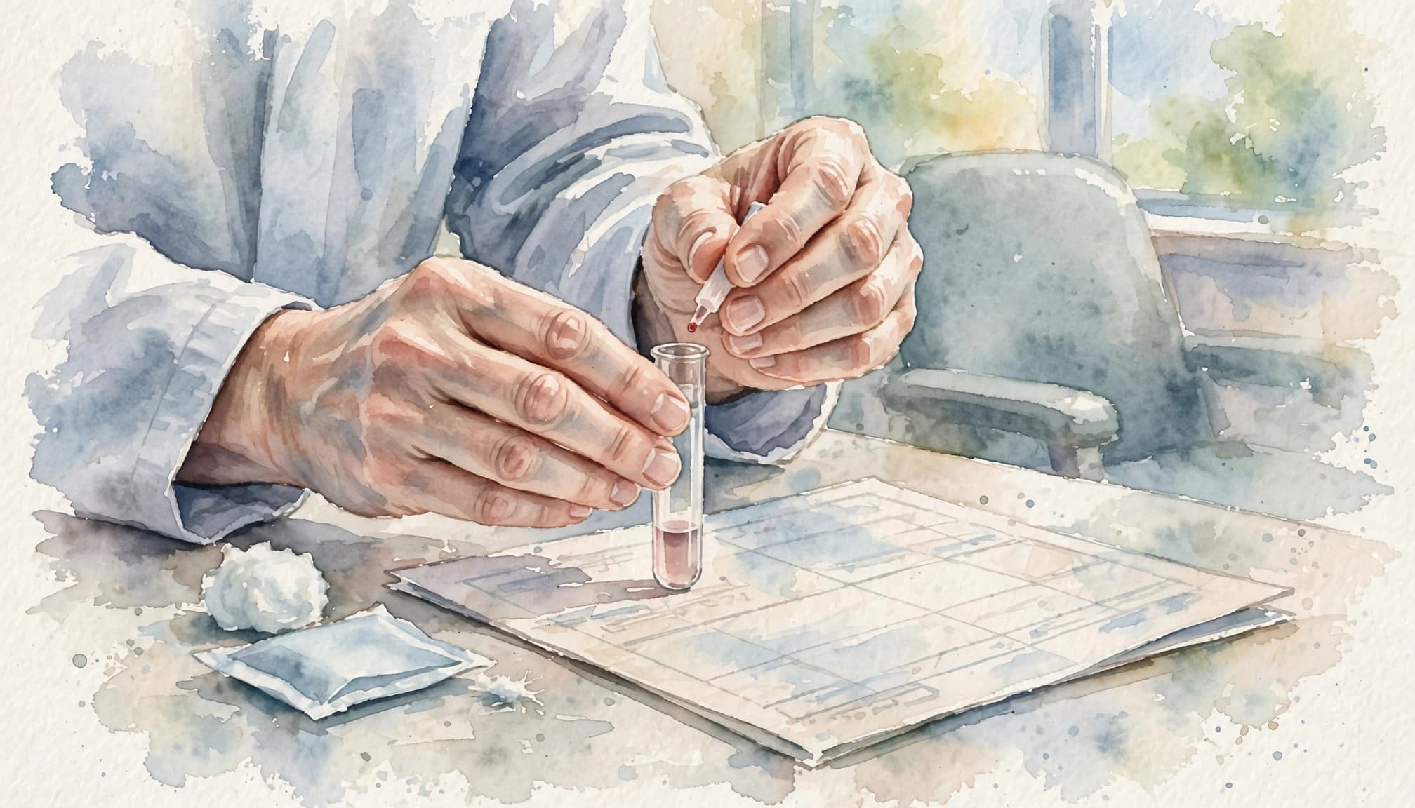 Aquarellgemälde von Händen bei der Vorbereitung einer Blutprobe in einer Praxis.
