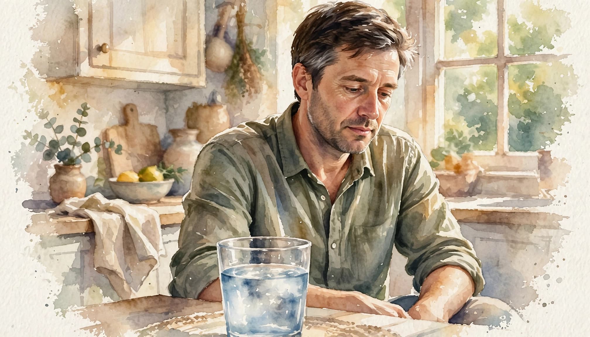 Aquarell-Illustration eines Mannes, der müde an einem Tisch mit einem Glas Wasser sitzt.