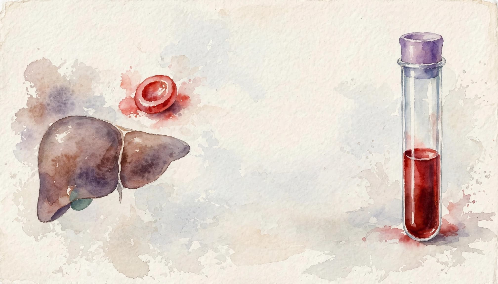 Aquarell-Illustration einer Leber, einer roten Blutkörperchen und eines Blutröhrchens auf strukturiertem Papier.