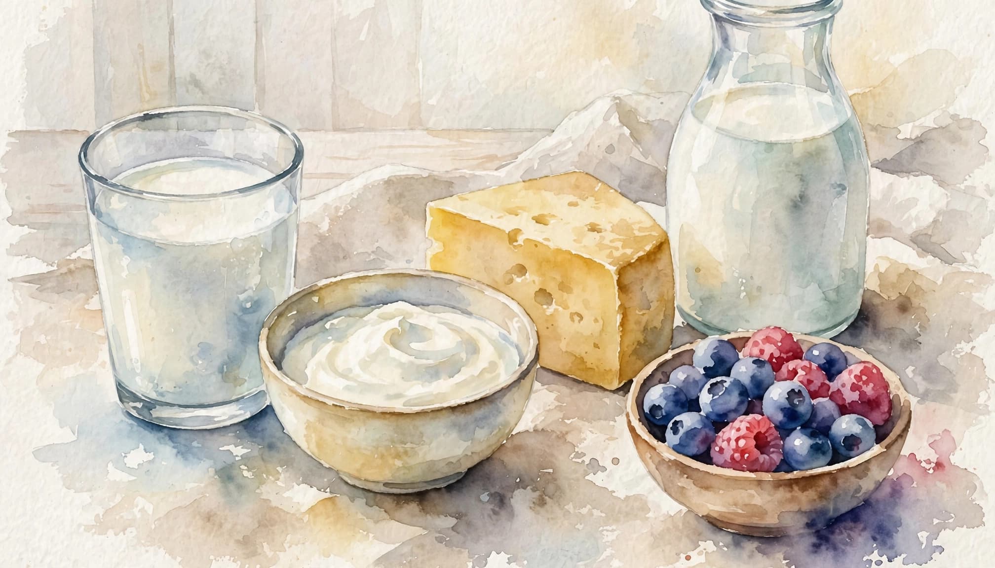 Milch, Joghurt und Käse stehen neben laktosefreier Milch und Beeren auf einem Küchentisch.