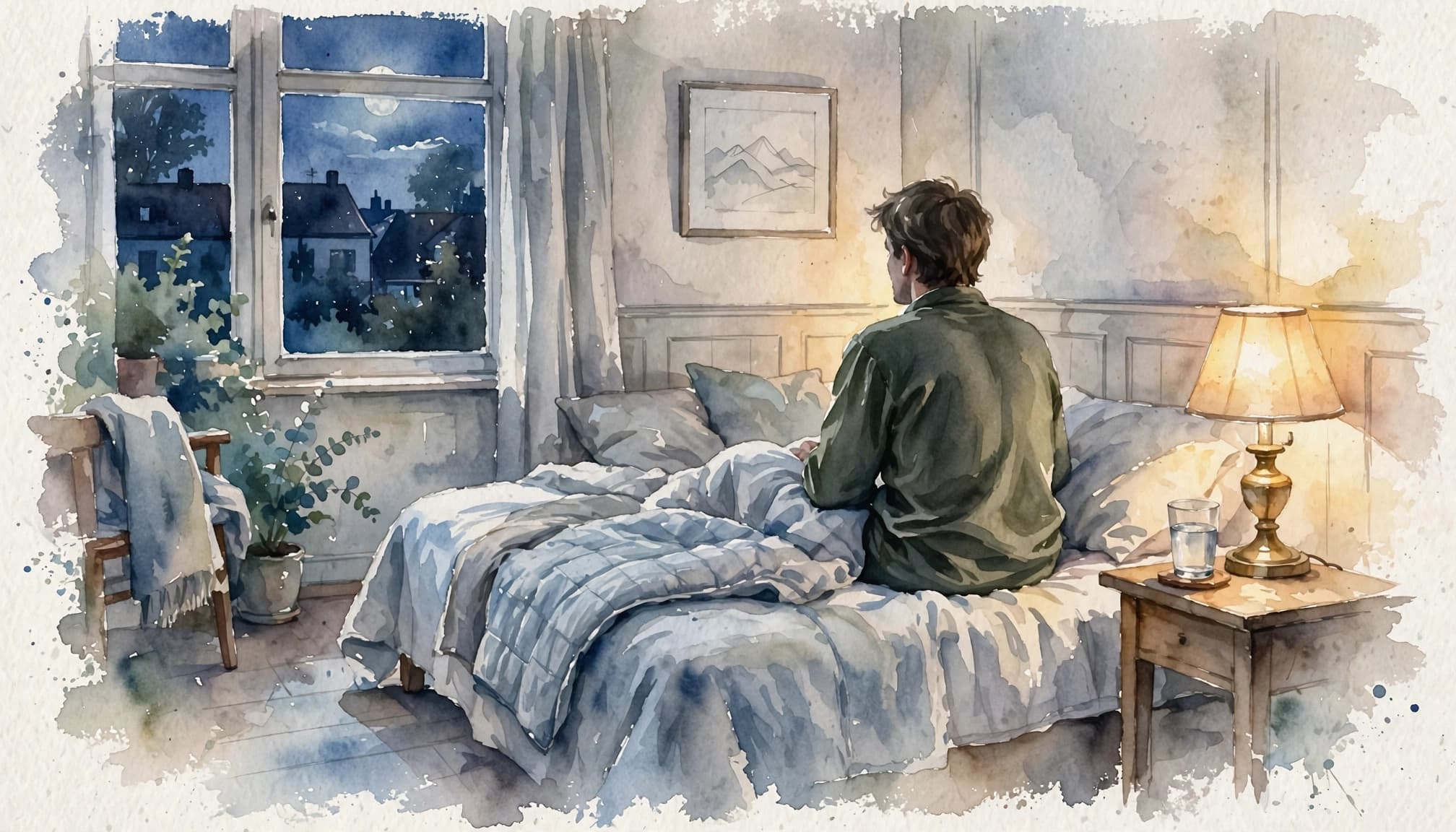 Eine Person sitzt nachts am Bettrand neben einer Lampe und einem Glas Wasser.
