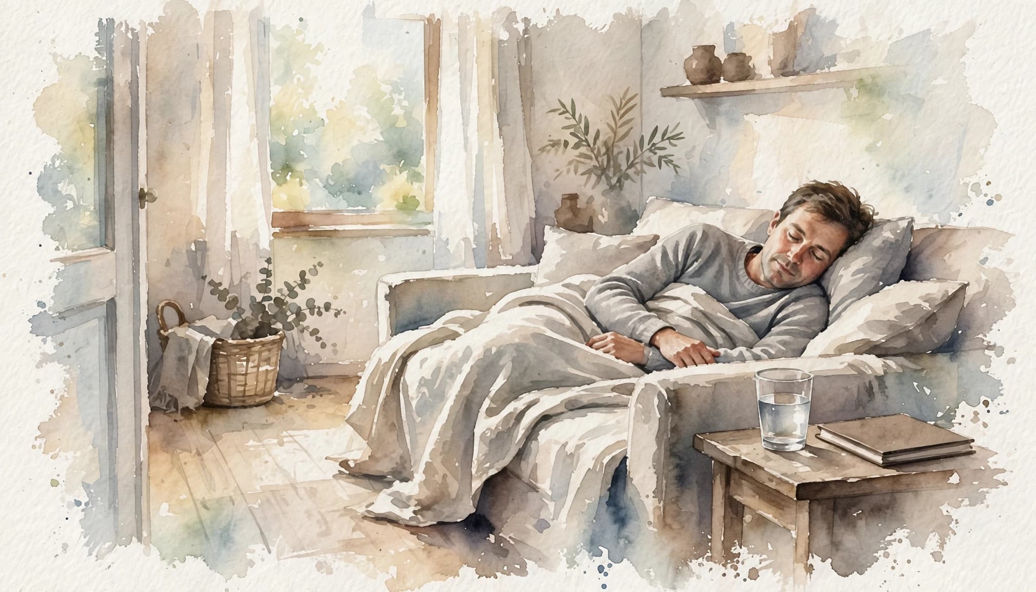 Eine Person ruht zugedeckt auf dem Sofa neben einem Tisch mit Wasserglas und Notizbuch.