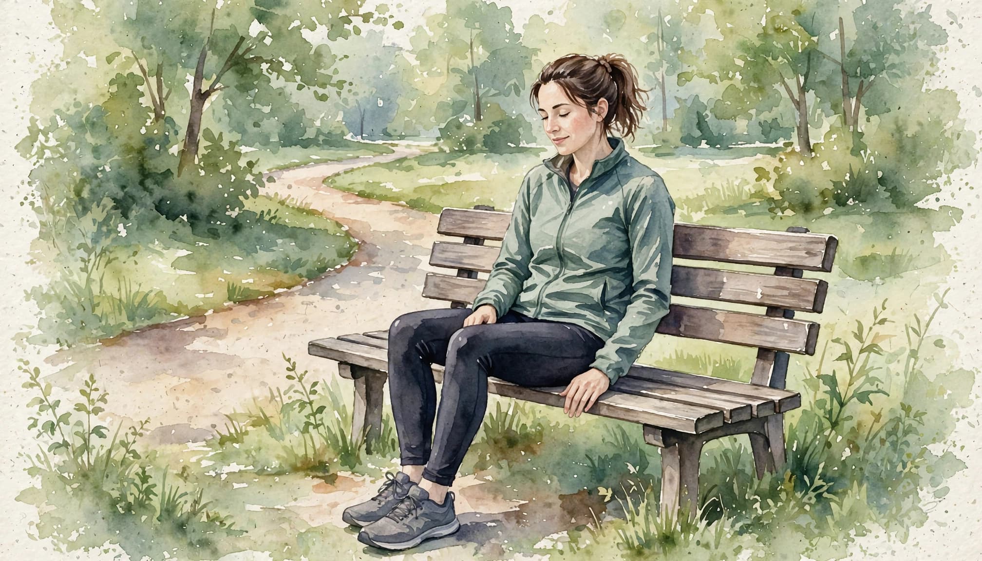 Aquarell-Illustration einer Läuferin auf einer Parkbank.