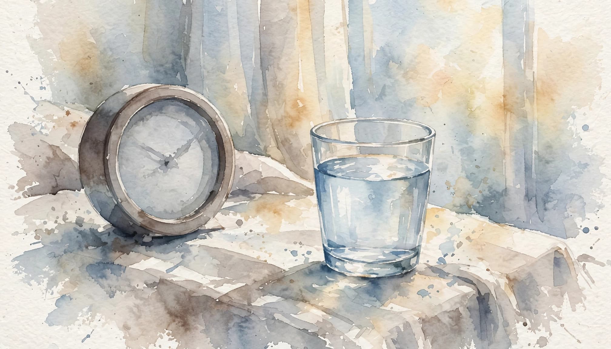 Aquarell-Stillleben mit einer analogen Uhr und einem Glas Wasser auf einem Nachttisch.