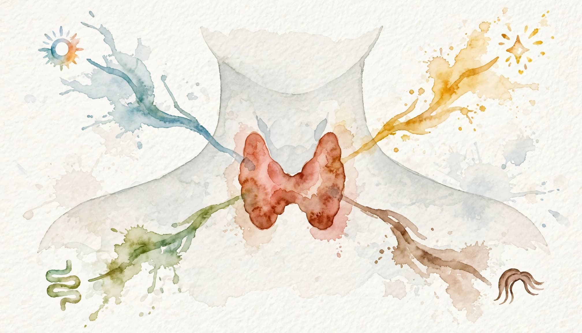 Aquarell-Illustration einer Schilddrüse vor einer stilisierten Hals- und Schulterpartie mit farbigen Strömen.