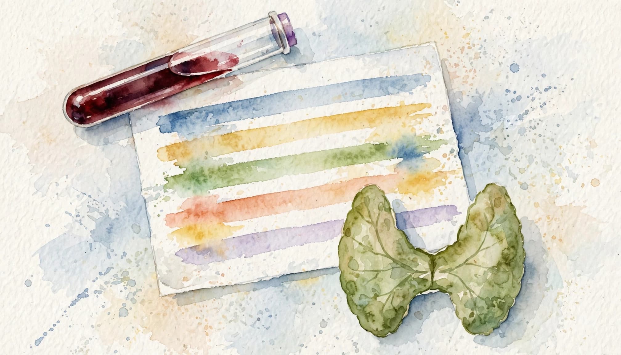 Aquarell-Stillleben mit Reagenzglas, Laborbericht mit Farbstreifen und schilddrüsenförmigem Blatt.