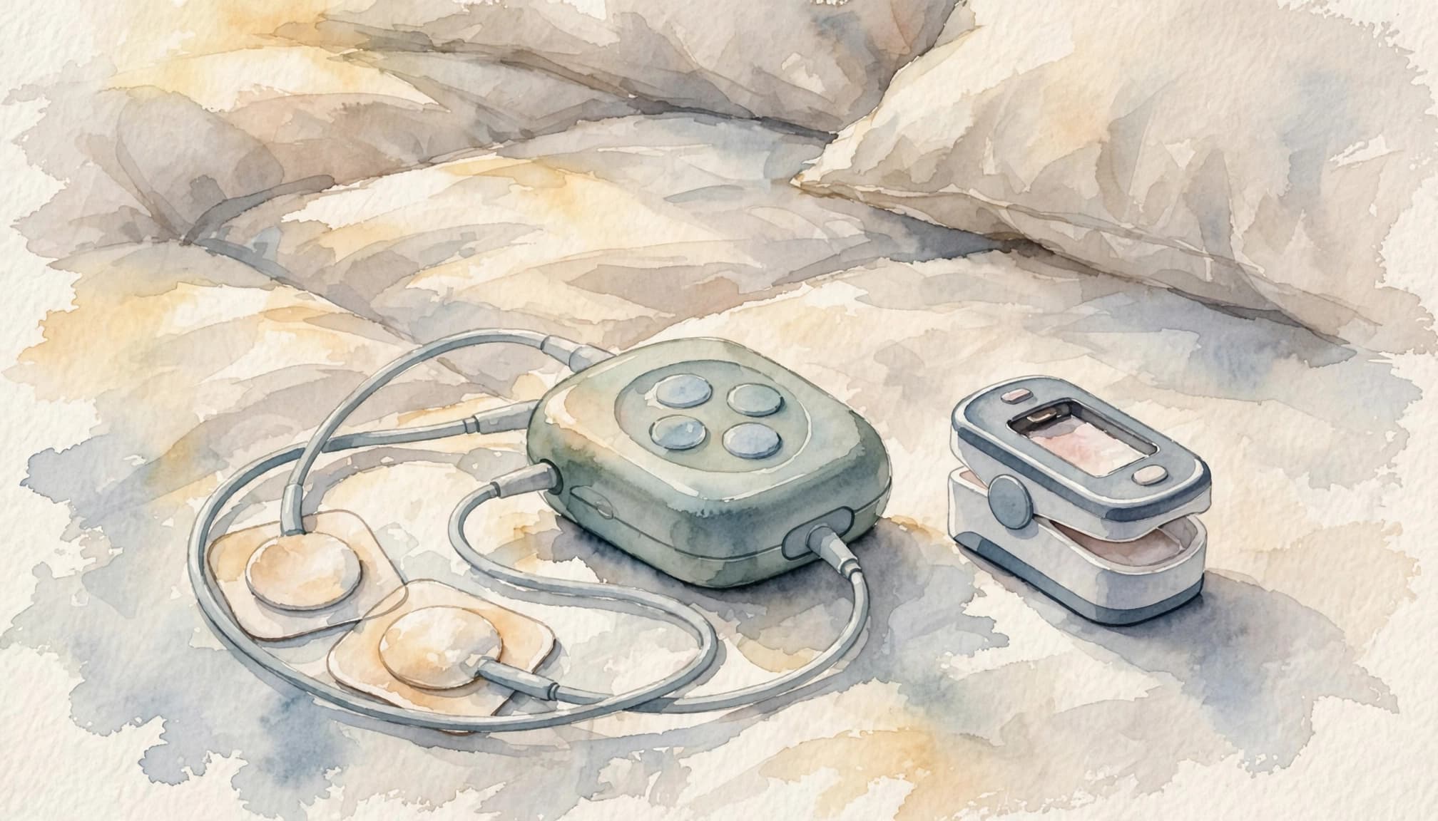 Ein Aquarellbild zeigt medizinische Schlafüberwachungsgeräte auf einem Bett.