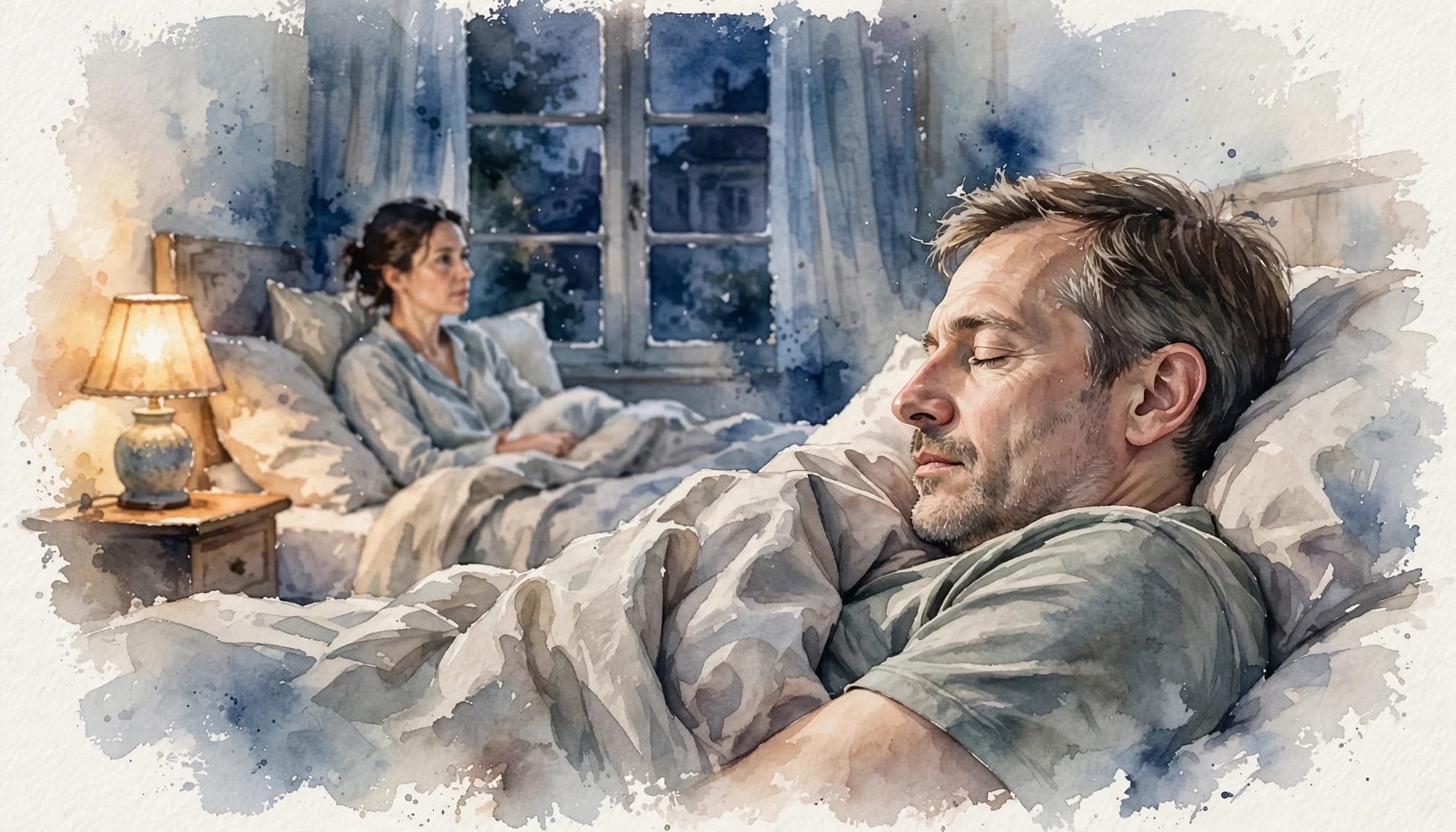 Aquarellgemälde eines schlafenden Mannes im Bett und einer wachen Partnerin im Hintergrund.