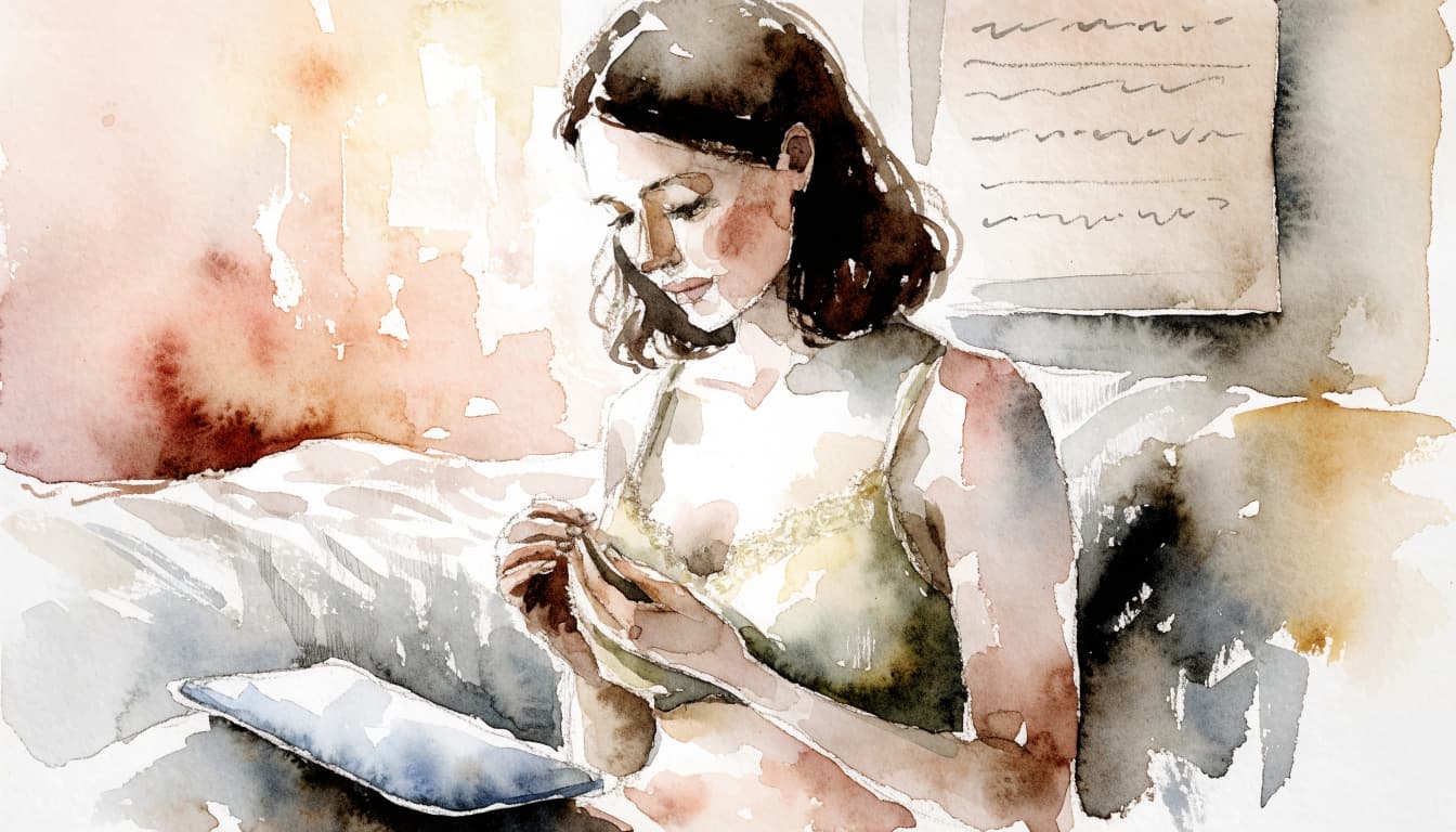 Ein Aquarellbild einer Frau, die nachdenklich auf ein Stoffstück blickt.