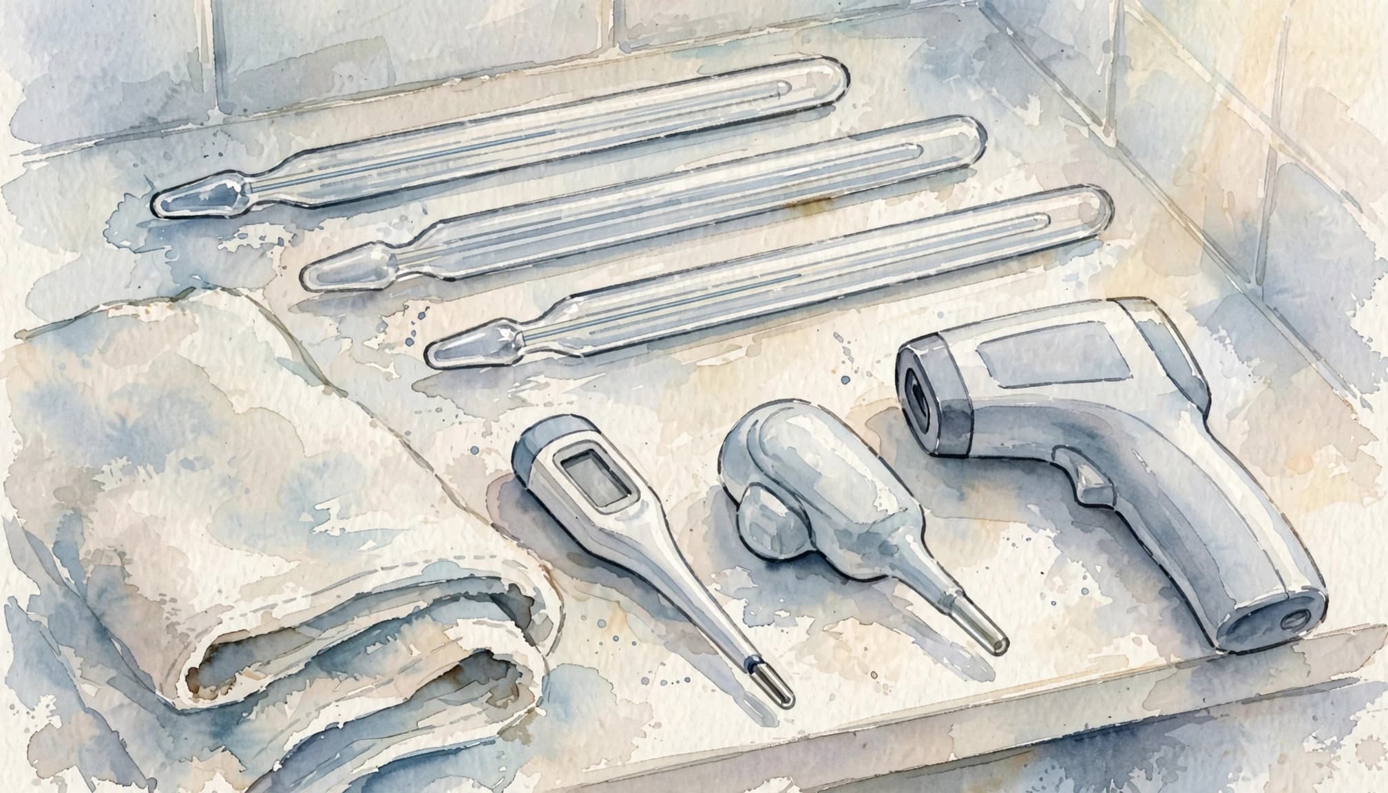 Drei verschiedene Thermometer liegen neben einem gefalteten Handtuch auf einem Badezimmerregal.