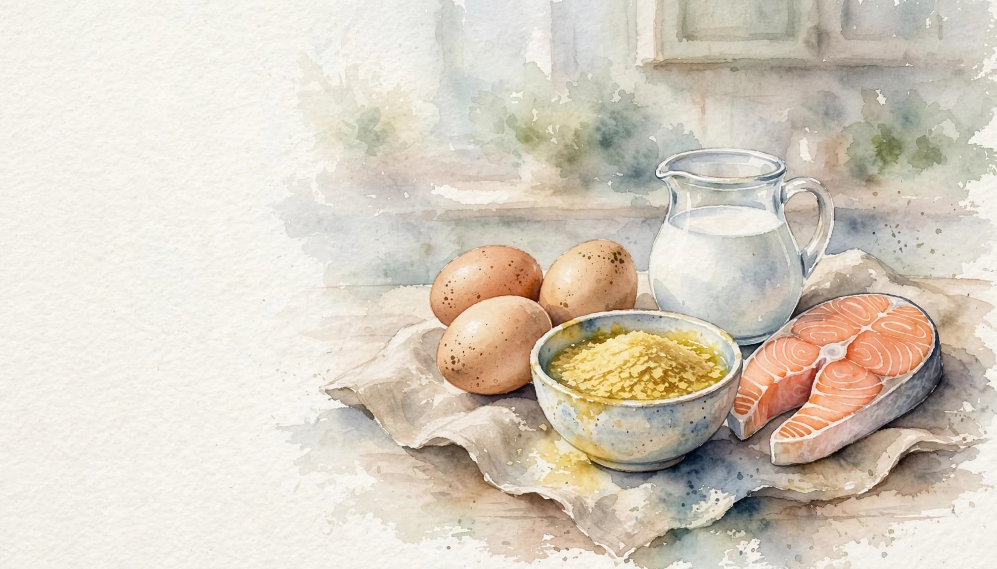 Aquarellbild mit Eiern, Milchkanne, Hefeflocken in einer Schale und Lachs auf einem Tisch.
