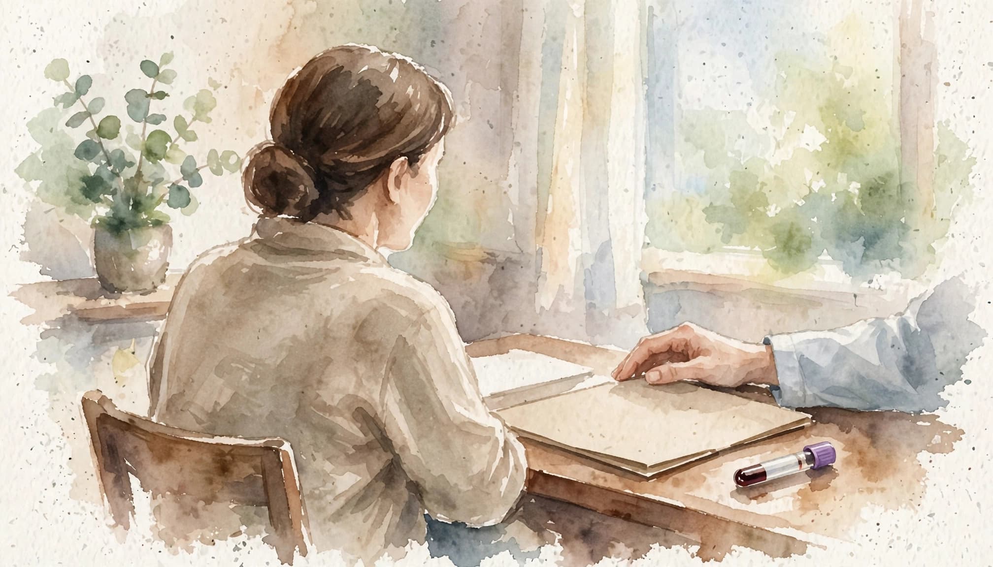 Ein Patient sitzt im Sprechzimmer; auf dem Tisch liegen eine Mappe und ein Blutröhrchen.